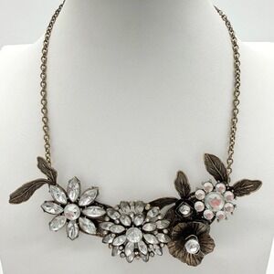 Antiqued Gold Tone Clear Rhinestone Floral Bib Statement Necklace 18-21"